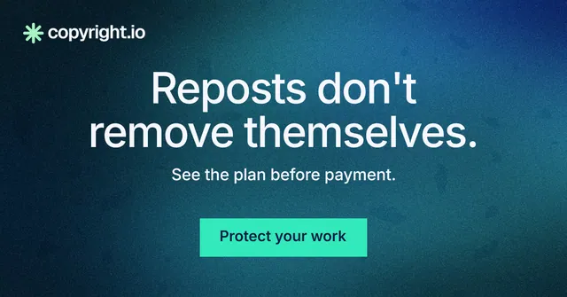 Social ad for copyright.io: "Reposts don't remove themselves." Swiss style, centred layout, dark palette in blue, teal.