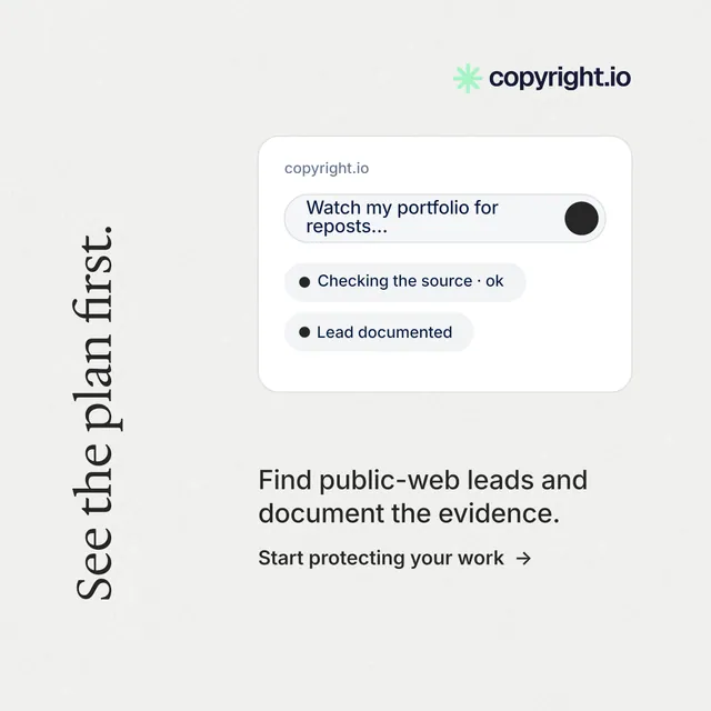 Instagram post for copyright.io: "See the plan first." Minimal luxury style, vertical layout, light palette in white.