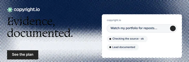 X header for copyright.io: "Evidence, documented." Split block style, bottom layout, light palette in blue, white, grey.