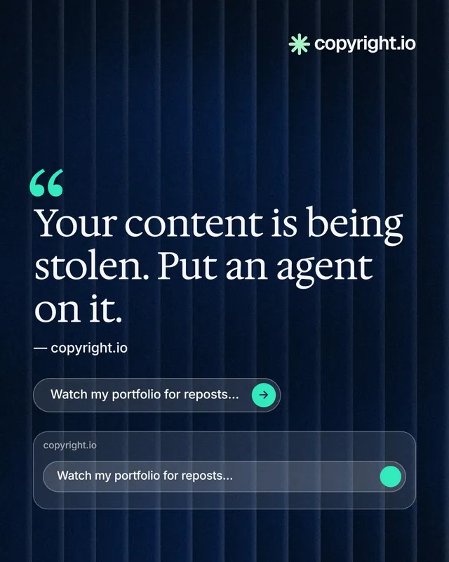 Instagram portrait post for copyright.io: "Protect your work." Agentic glass style, quote layout, dark palette in blue, black.