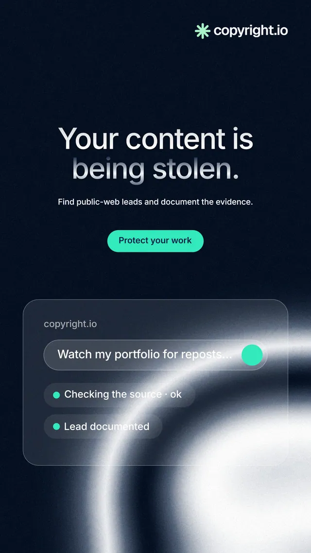 Instagram story for copyright.io: "Your content is being stolen." Y2K style, centred layout, dark palette in black, blue, grey.