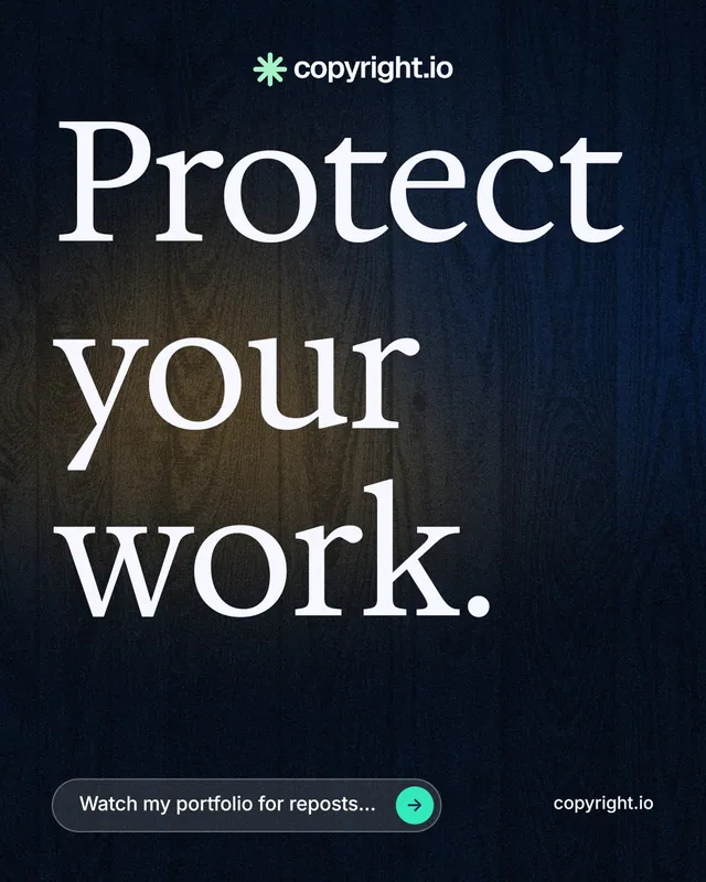 Instagram portrait post for copyright.io: "Protect your work." Agentic glass style, poster layout, dark palette in black, blue, grey.
