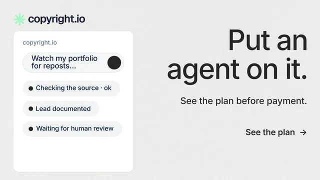 Landscape graphic for copyright.io: "Put an agent on it." Minimal luxury style, right layout, light palette in white, grey.