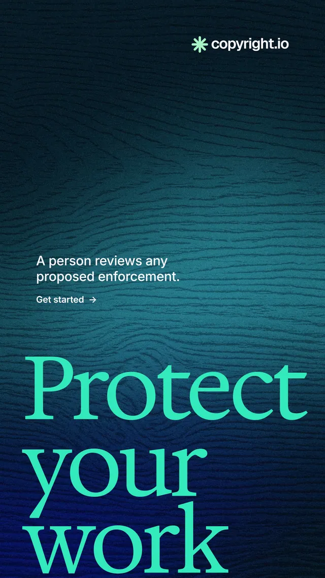 Instagram story for copyright.io: "Put an agent on it." Minimal luxury style, oversized layout, dark palette in black, blue, teal.