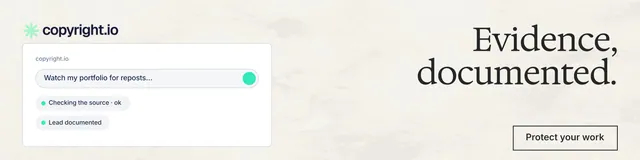 LinkedIn banner for copyright.io: "Evidence, documented." Editorial style, right layout, light palette in white, grey.