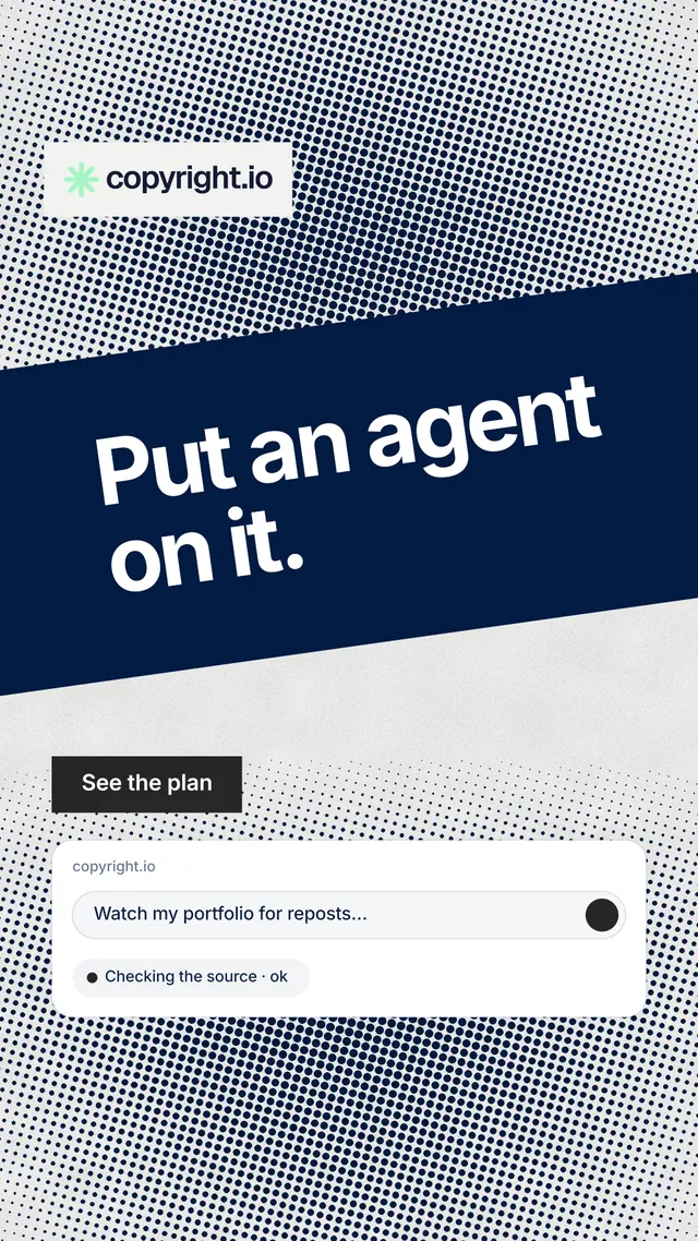 Instagram story for copyright.io: "Put an agent on it." Swiss style, diagonal layout, light palette in grey, blue, white.