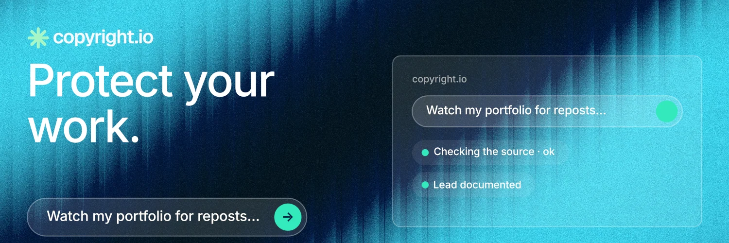 X header for copyright.io: "Protect your work." Agentic glass style, bottom layout, dark palette in black, teal, blue.
