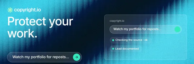 X header for copyright.io: "Protect your work." Agentic glass style, bottom layout, dark palette in black, teal, blue.