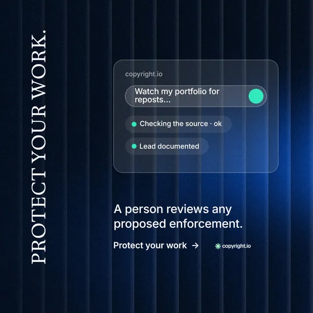 Instagram post for copyright.io: "Protect your work." Minimal luxury style, vertical layout, dark palette in black, blue.