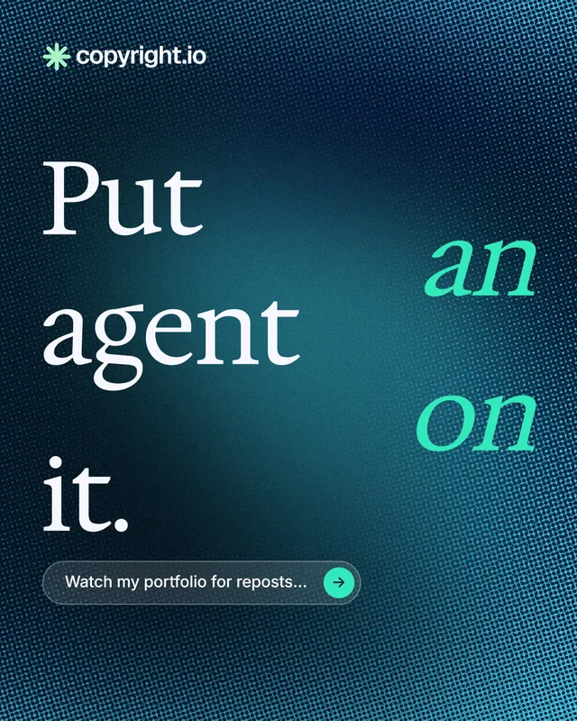 Instagram portrait post for copyright.io: "Put an agent on it." Agentic glass style, stacked layout, dark palette in black, blue, teal.