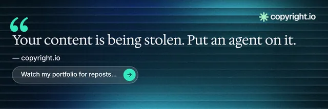 X header for copyright.io: "See the plan first." Agentic glass style, quote layout, dark palette in blue, teal, black.
