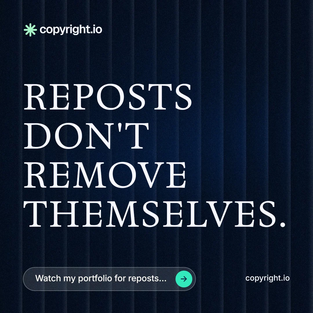Instagram post for copyright.io: "Reposts don't remove themselves." Agentic glass style, poster layout, dark palette in black, grey.