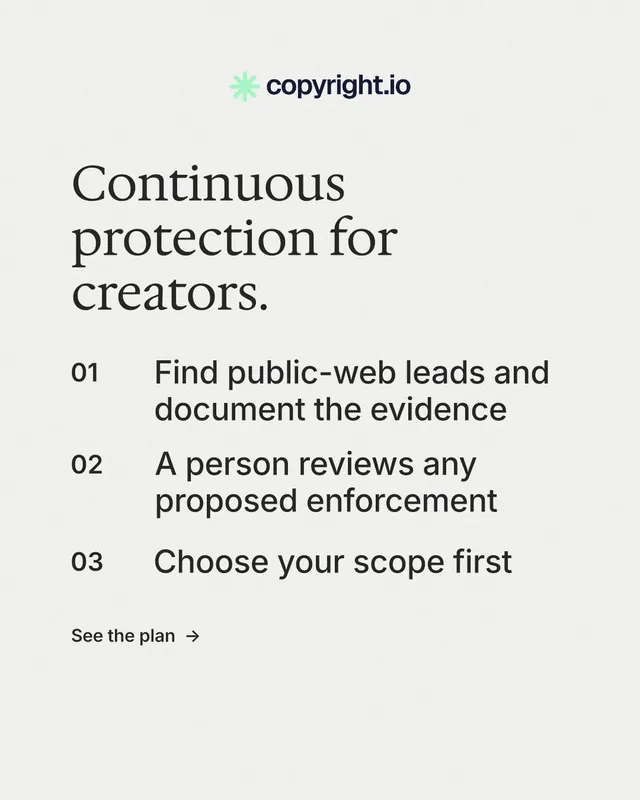 Instagram portrait post for copyright.io: "Continuous protection for creators." Minimal luxury style, numbered layout, light palette in white.