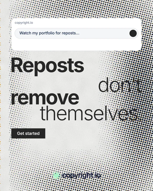 Instagram portrait post for copyright.io: "Reposts don't remove themselves." Swiss style, stacked layout, light palette in grey, white.