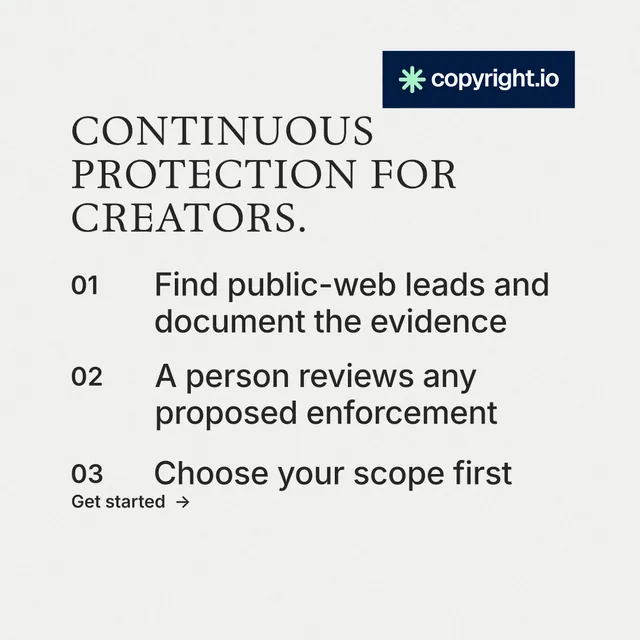 Instagram post for copyright.io: "Continuous protection for creators." Minimal luxury style, numbered layout, light palette in white, grey.