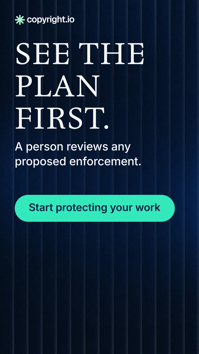Instagram story for copyright.io: "See the plan first." Agentic glass style, skeleton layout, dark palette in black, teal, blue.