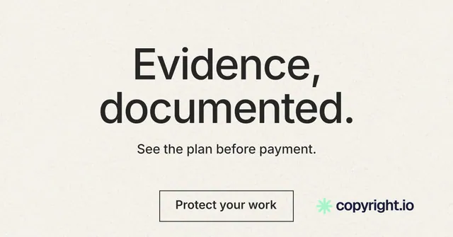 Social ad for copyright.io: "Evidence, documented." Editorial style, centred layout, light palette in white.