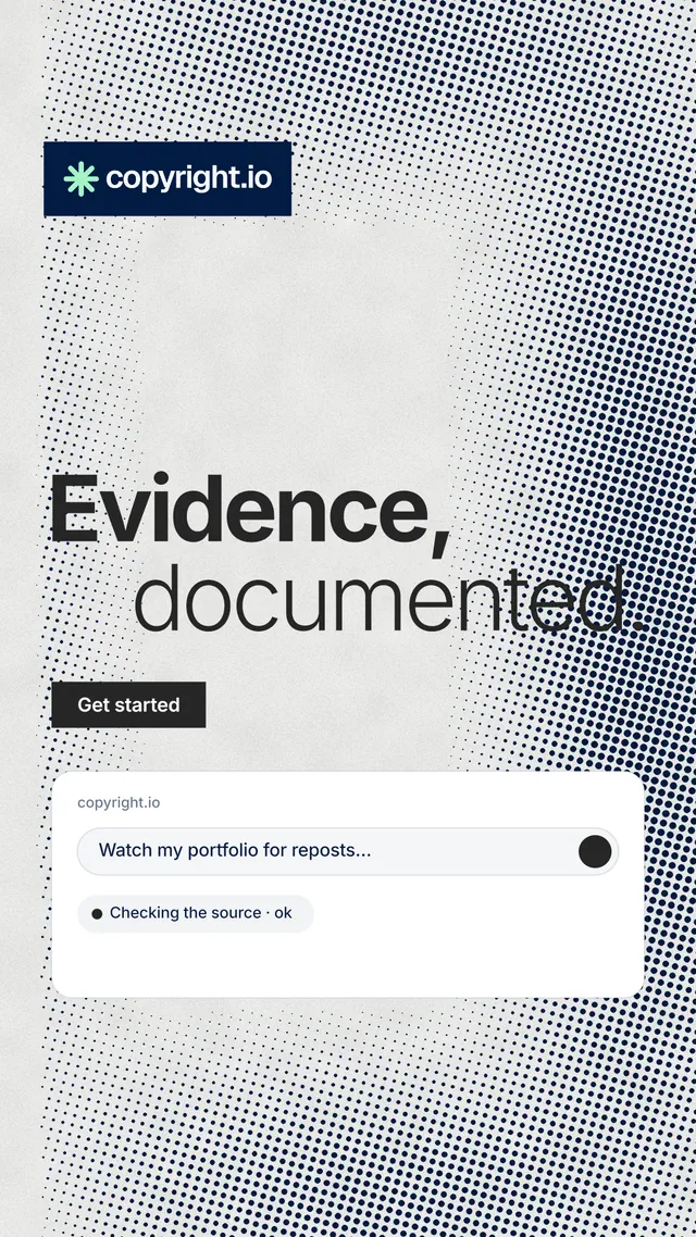 Instagram story for copyright.io: "Evidence, documented." Swiss style, stacked layout, light palette in grey, white.