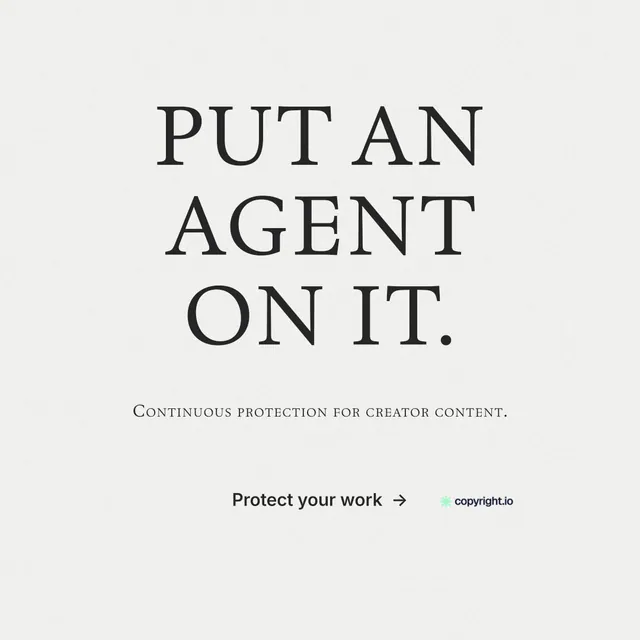 Instagram post for copyright.io: "Put an agent on it." Minimal luxury style, smallcaps layout, light palette in white, grey.
