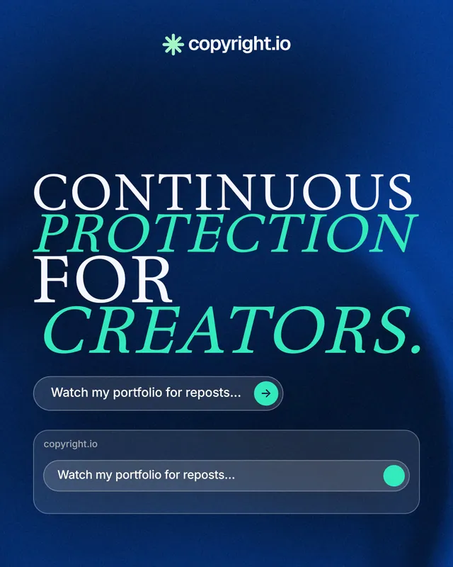 Instagram portrait post for copyright.io: "Continuous protection for creators." Agentic glass style, stacked layout, dark palette in blue, teal.
