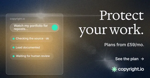 Social ad for copyright.io: "Protect your work." Minimal luxury style, right layout, dark palette in black, grey, yellow.
