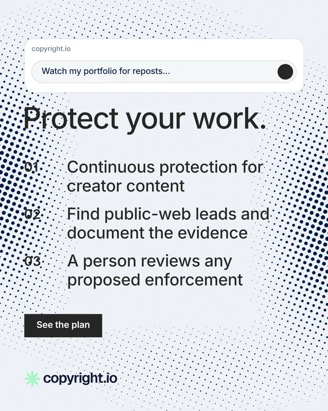 Instagram portrait post for copyright.io: "Protect your work." Swiss style, numbered layout, light palette in white, blue, grey.