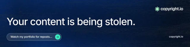 LinkedIn banner for copyright.io: "Your content is being stolen." Agentic glass style, poster layout, dark palette in blue, black.