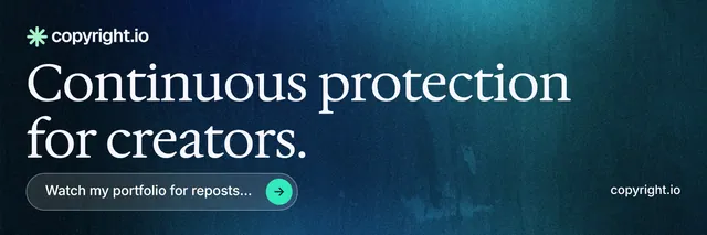 X header for copyright.io: "Continuous protection for creators." Agentic glass style, poster layout, dark palette in blue, black.