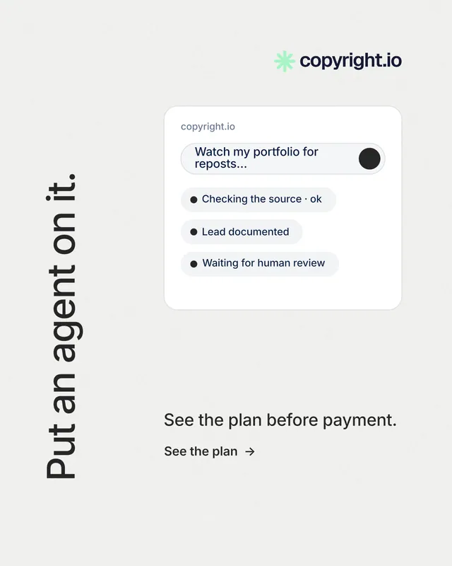 Instagram portrait post for copyright.io: "Put an agent on it." Minimal luxury style, vertical layout, light palette in white.