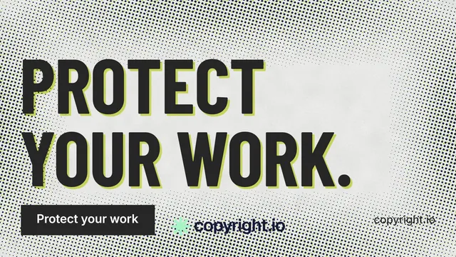 Landscape graphic for copyright.io: "Protect your work." Retro print style, poster layout, light palette in grey, white.