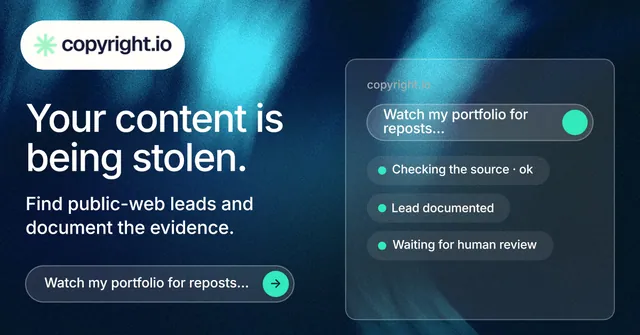 Social ad for copyright.io: "Your content is being stolen." Agentic glass style, bottom layout, dark palette in blue, black, teal.