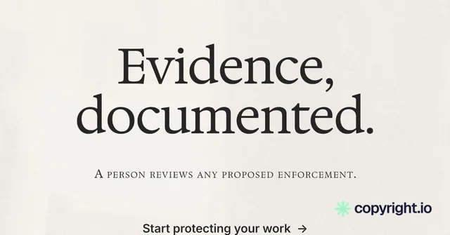 Social ad for copyright.io: "Evidence, documented." Editorial style, smallcaps layout, light palette in yellow, white, grey.