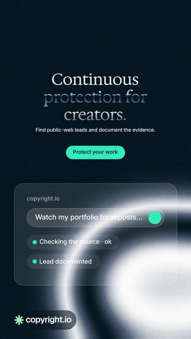 Instagram story for copyright.io: "Continuous protection for creators." Y2K style, centred layout, dark palette in black, blue, grey.