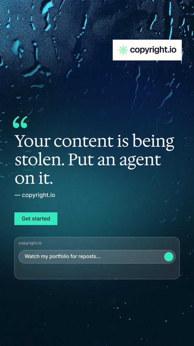 Instagram story for copyright.io: "Evidence, documented." Swiss style, quote layout, dark palette in blue, black, teal.