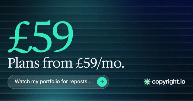 Social ad for copyright.io: "See the plan first." Agentic glass style, stat layout, dark palette in blue, black, teal.
