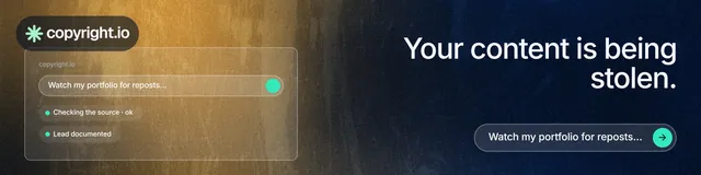 LinkedIn banner for copyright.io: "Your content is being stolen." Agentic glass style, right layout, dark palette in black, blue, brown.