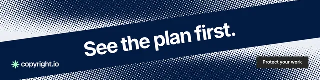 LinkedIn banner for copyright.io: "See the plan first." Swiss style, diagonal layout, dark palette in blue, grey.