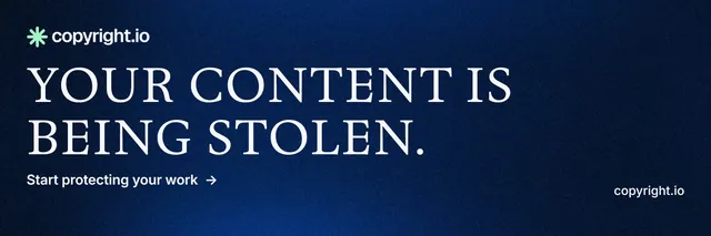X header for copyright.io: "Your content is being stolen." Minimal luxury style, poster layout, dark palette in black, blue, grey.