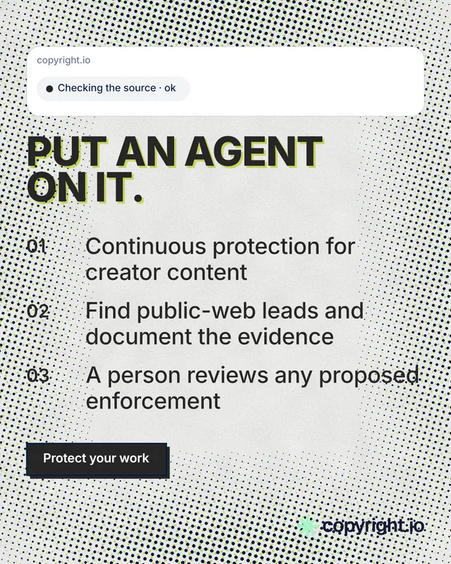Instagram portrait post for copyright.io: "Put an agent on it." Brutalist style, numbered layout, light palette in grey, white.
