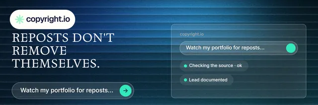 X header for copyright.io: "Reposts don't remove themselves." Agentic glass style, bottom layout, dark palette in blue.