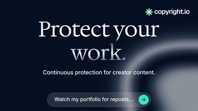 Landscape graphic for copyright.io: "Protect your work." Agentic glass style, centred layout, dark palette in black, grey, blue.