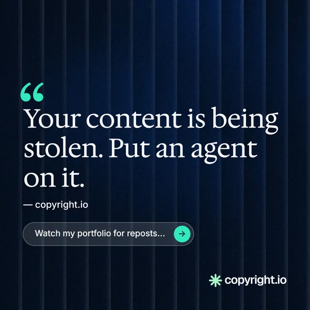 Instagram post for copyright.io: "Find your reposted work." Agentic glass style, quote layout, dark palette in black, blue, grey.