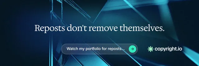 X header for copyright.io: "Reposts don't remove themselves." Agentic glass style, centred layout, dark palette in blue, black.
