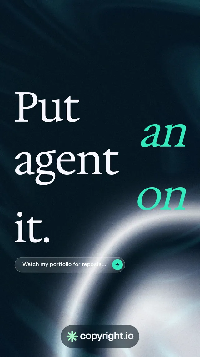 Instagram story for copyright.io: "Put an agent on it." Agentic glass style, stacked layout, dark palette in black, blue, teal.
