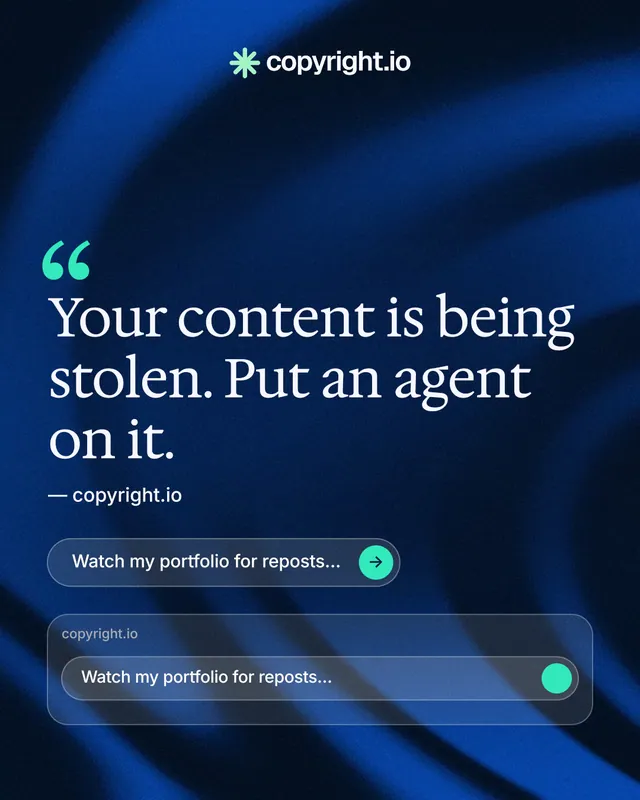 Instagram portrait post for copyright.io: "Reposts don't remove themselves." Agentic glass style, quote layout, dark palette in blue, black.