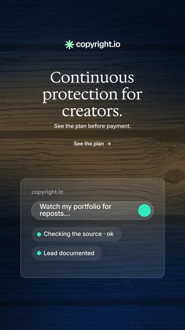 Instagram story for copyright.io: "Continuous protection for creators." Minimal luxury style, centred layout, dark palette in black, grey, blue.