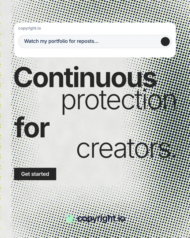 Instagram portrait post for copyright.io: "Continuous protection for creators." Swiss style, stacked layout, light palette in grey, white.
