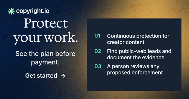 Social ad for copyright.io: "Protect your work." Minimal luxury style, skeleton layout, dark palette in blue, grey, black.