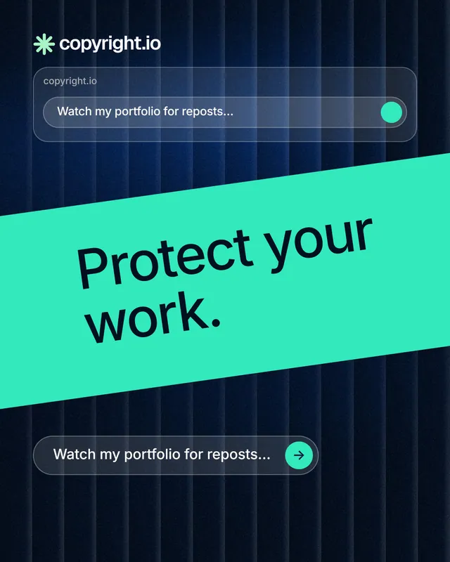 Instagram portrait post for copyright.io: "Protect your work." Agentic glass style, diagonal layout, dark palette in black, blue, teal.