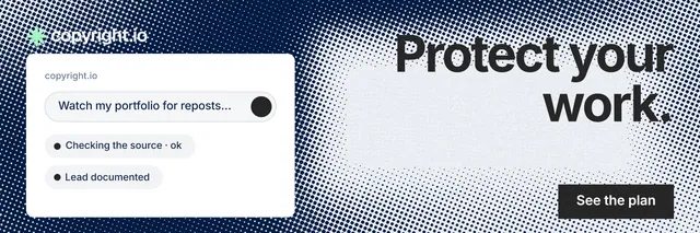 X header for copyright.io: "Protect your work." Swiss style, right layout, light palette in blue, grey, white.